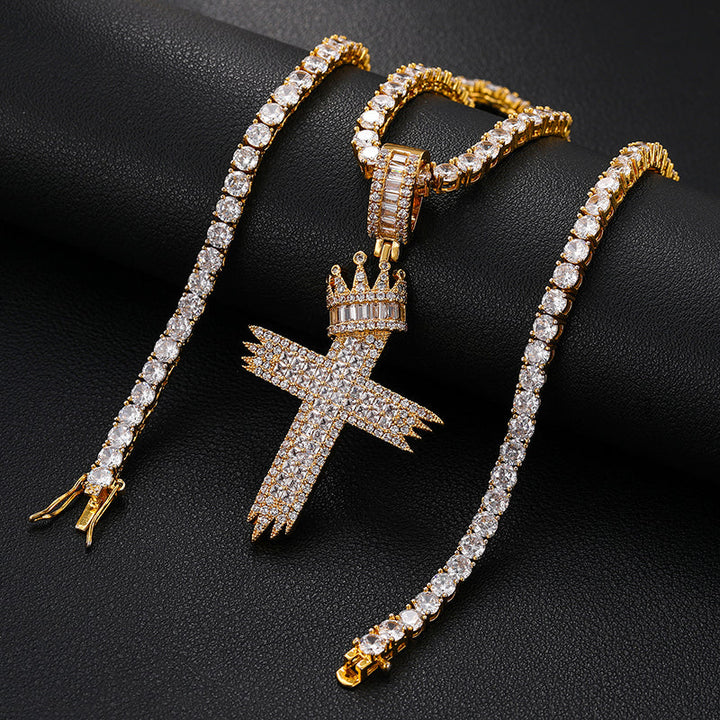 Crown Cross Necklace-Crystal Jesus Cross Pendant For Men Women-Hip Hop Jewelry