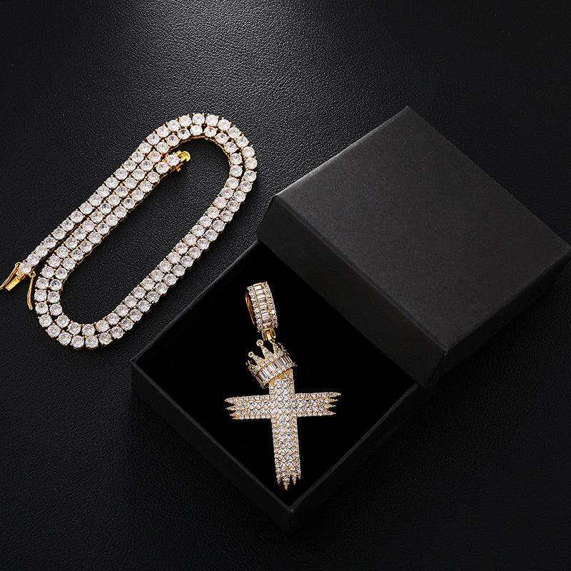 Crown Cross Necklace-Crystal Jesus Cross Pendant For Men Women-Hip Hop Jewelry