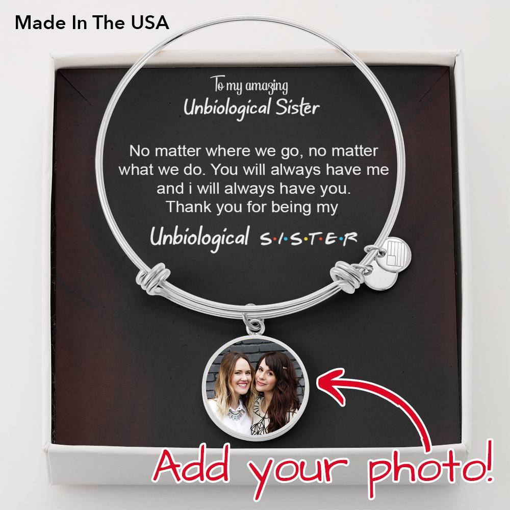 Unbiological Sister Gift Custom photo charm bangles Engraved Giftsly