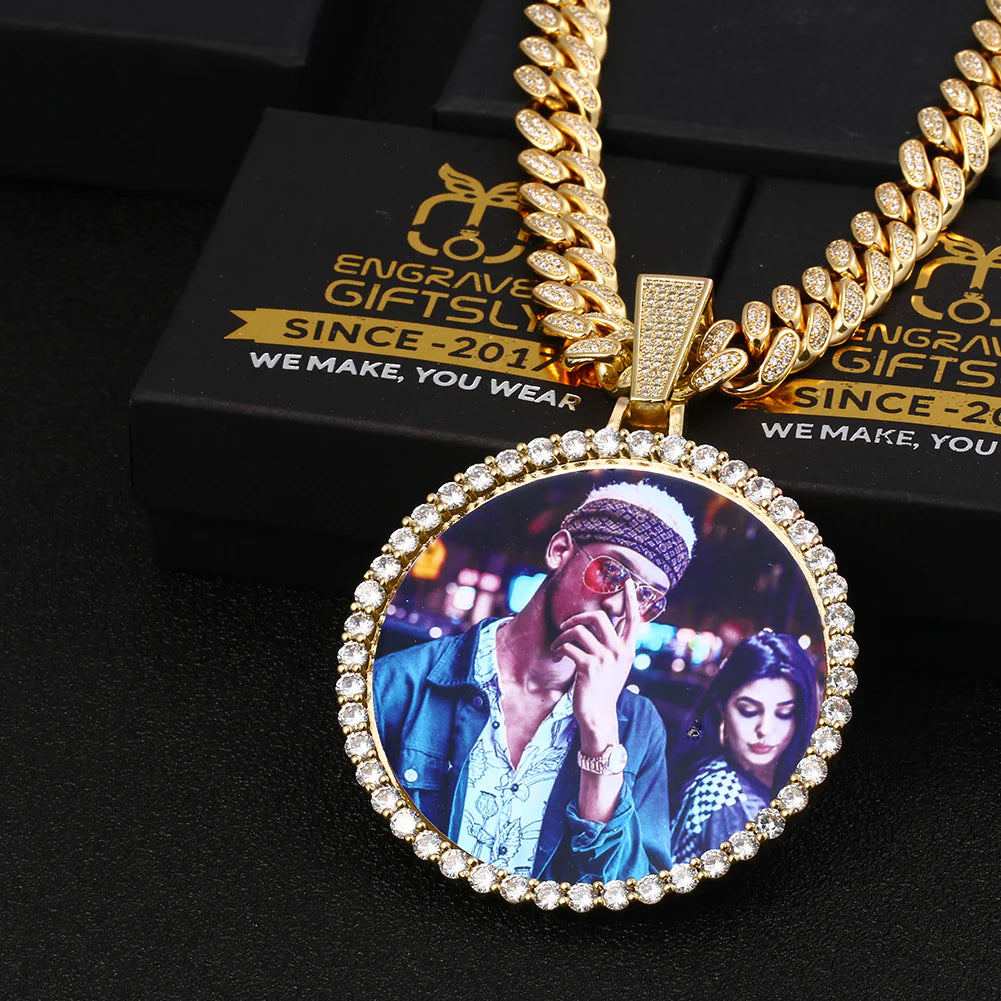 Plating Of 18K Gold Medallion Necklace- 12MM Cuban Chain Photo Medallion Necklace For Men
