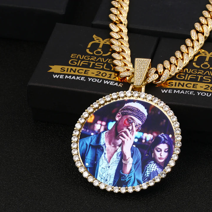 Plating Of 18K Gold Medallion Necklace- 12MM Cuban Chain Photo Medallion Necklace For Men
