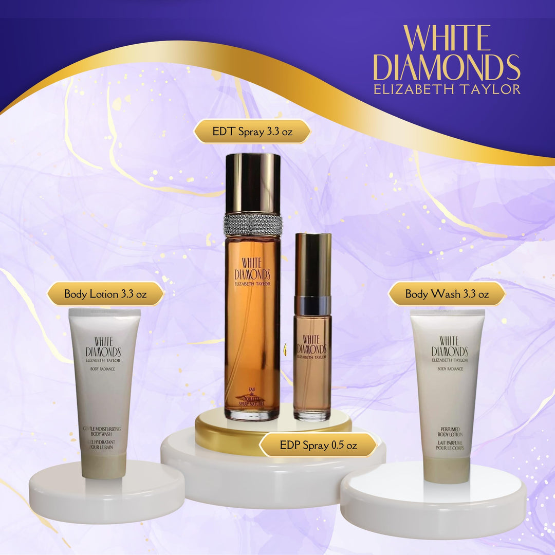 ELIZABETH TAYLOR WHITE DIAMONDS (W) 4PC SET(3.3oz edt sp,10ml edt sp, 3.3oz Body Lotion, 3.3oz Body Wash)