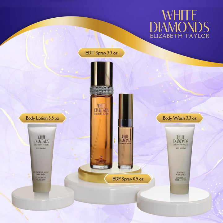 ELIZABETH TAYLOR WHITE DIAMONDS (W) 4PC SET(3.3oz edt sp,10ml edt sp, 3.3oz Body Lotion, 3.3oz Body Wash)