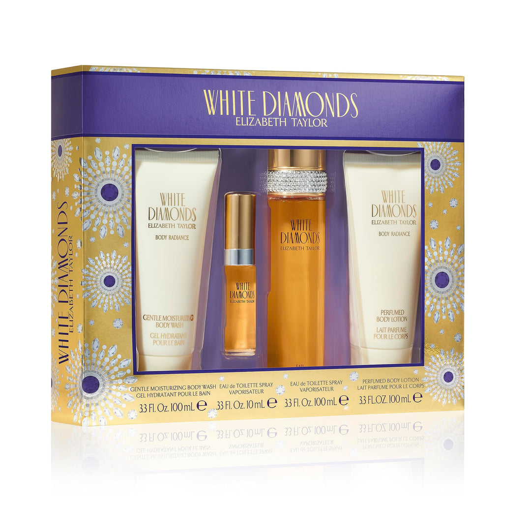 ELIZABETH TAYLOR WHITE DIAMONDS (W) 4PC SET(3.3oz edt sp,10ml edt sp, 3.3oz Body Lotion, 3.3oz Body Wash)