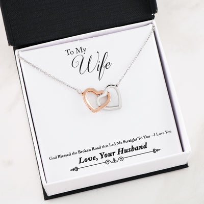 To My Wife Interlocking Heart Necklace With Broken Road Message Card