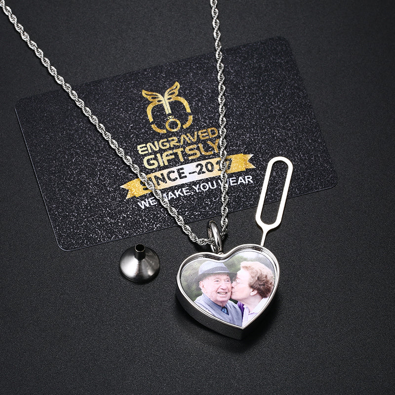 Personalized Photo Cremation Urn Necklace for Ashes With Filling Tool- 18k Gold Custom Heart Pendant Memorial Keepsake