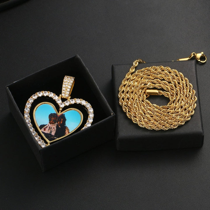 18k Gold Plated Heart Rotating Picture Necklace- Exclusive Hip-hop Necklace For Men