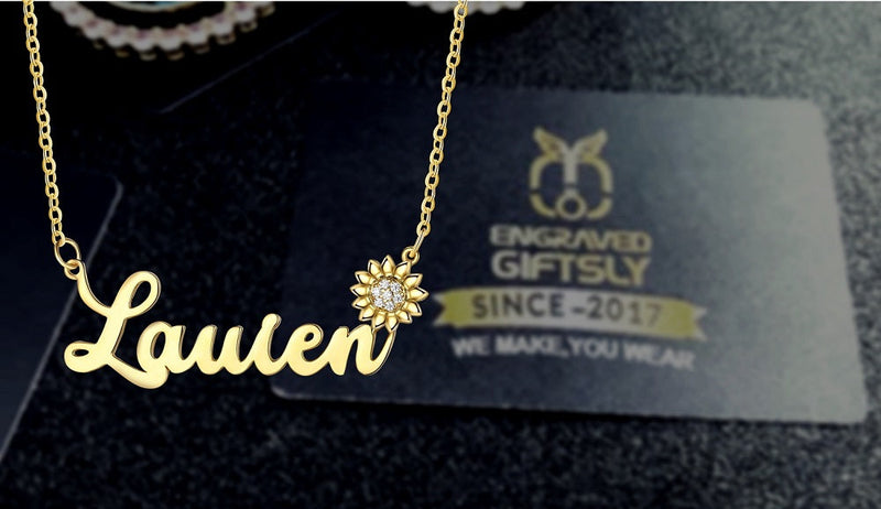 Custom Name Necklace with Cubic Zirconia Sunflower Symbolism