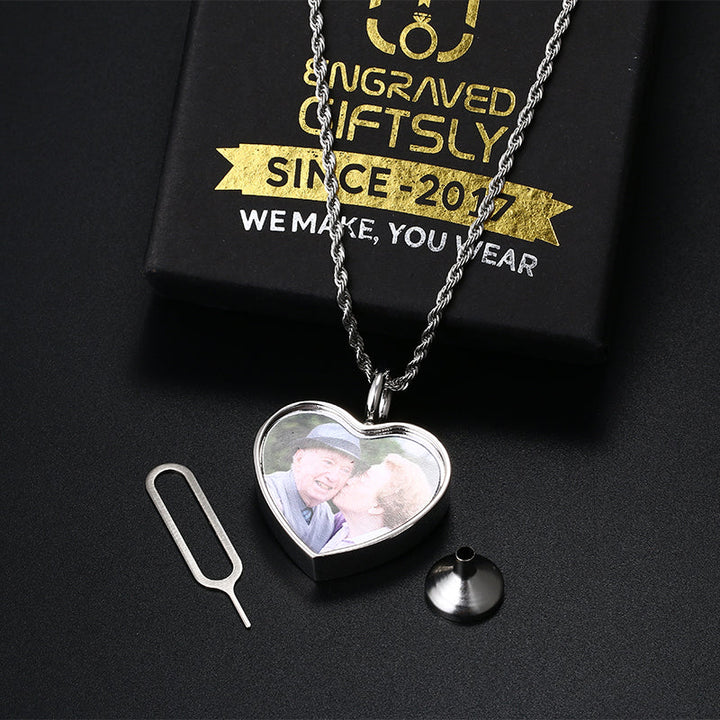 Personalized Photo Cremation Urn Necklace for Ashes With Filling Tool- 18k Gold Custom Heart Pendant Memorial Keepsake