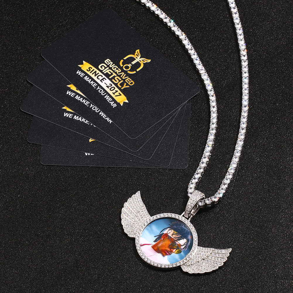 18k Gold Plated Personalized Photo Wings Pendant Medallion Necklace