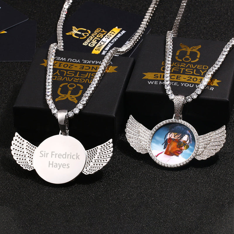 Custom 14k Gold Plated Wings Photo Medallion Necklace