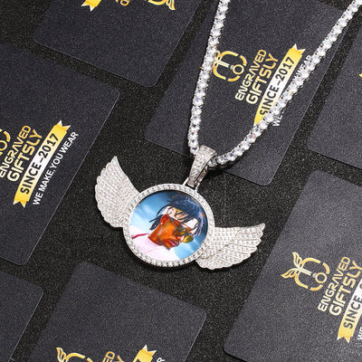 18k Gold Plated Personalized Photo Wings Pendant Medallion Necklace