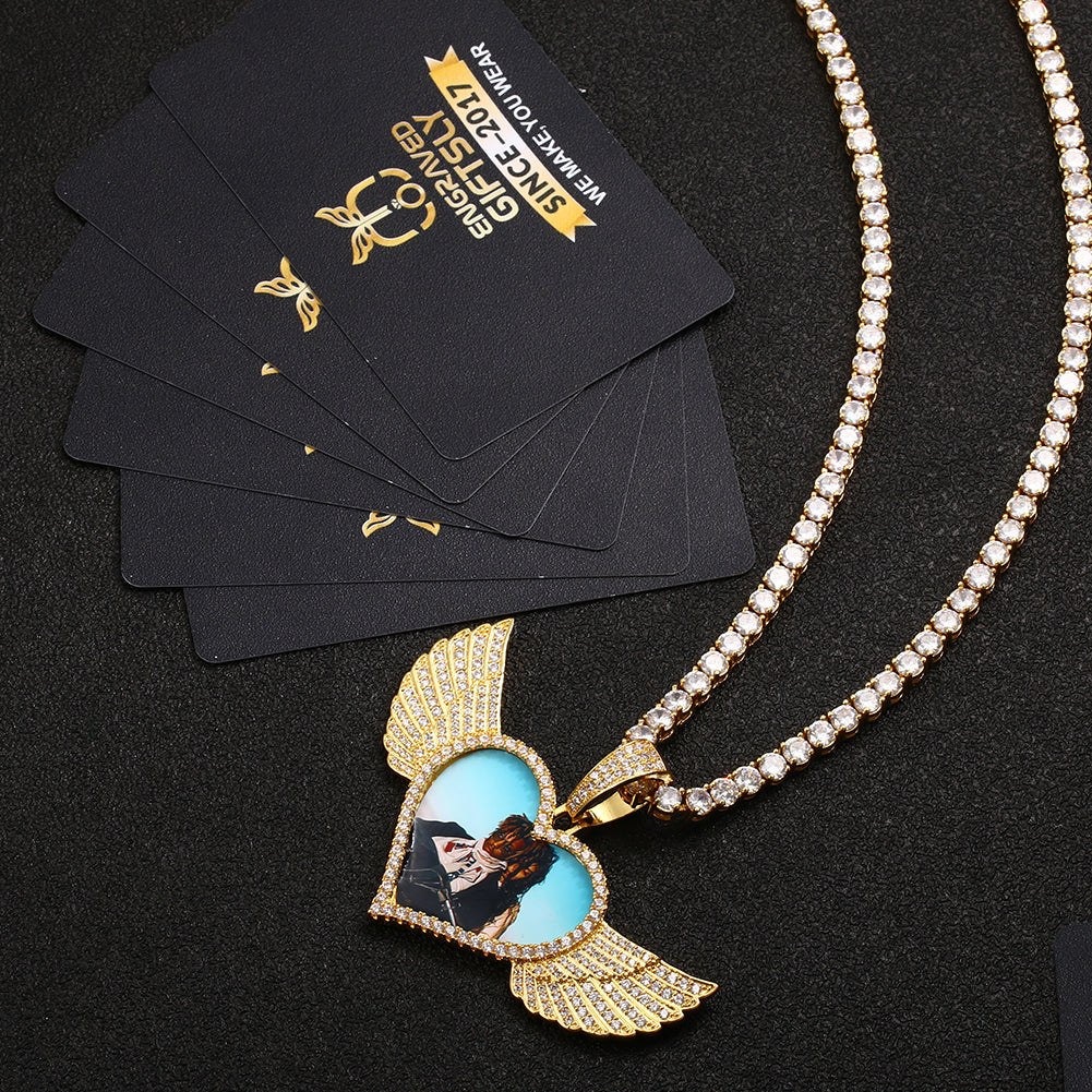 14K Gold Plated Custom Angel Wing Heart Shape Photo Medallion Necklace