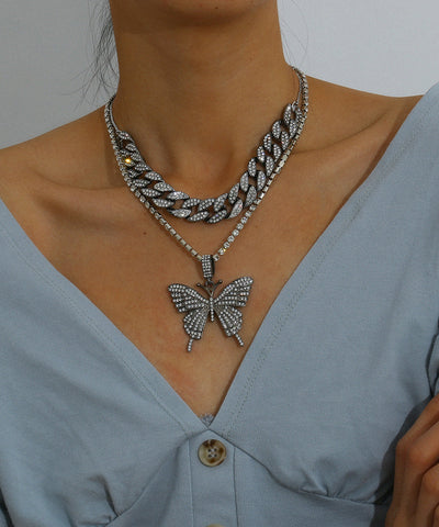Exclusive 12MM Cuban Chain Adjustable Choker Necklace With Beautiful Tennis Chain Butterfly