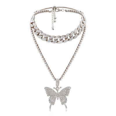 Exclusive 12MM Cuban Chain Adjustable Choker Necklace With Beautiful Tennis Chain Butterfly