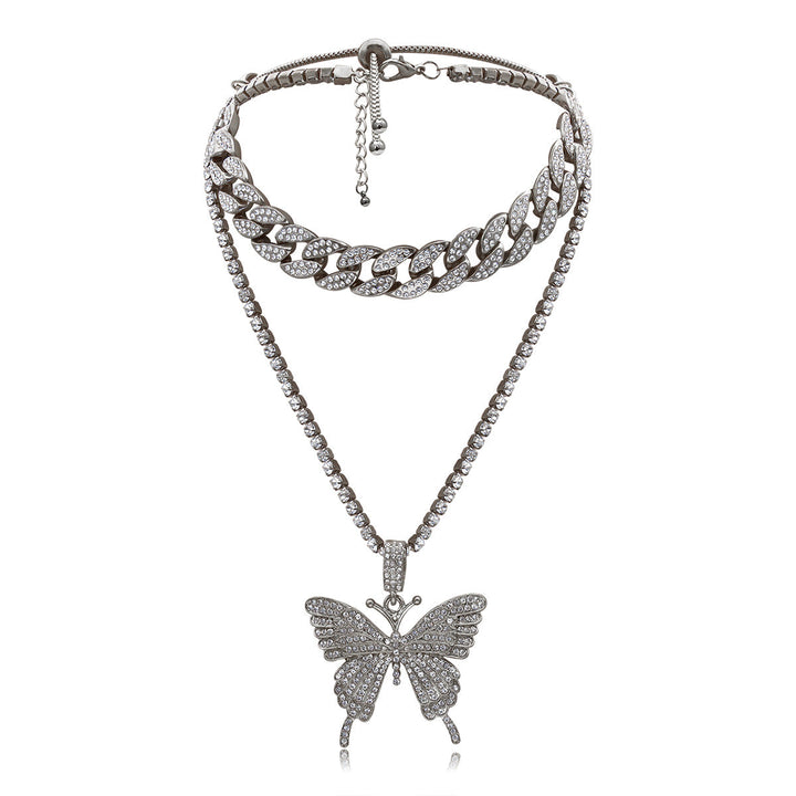 Exclusive 12MM Cuban Chain Adjustable Choker Necklace With Beautiful Tennis Chain Butterfly