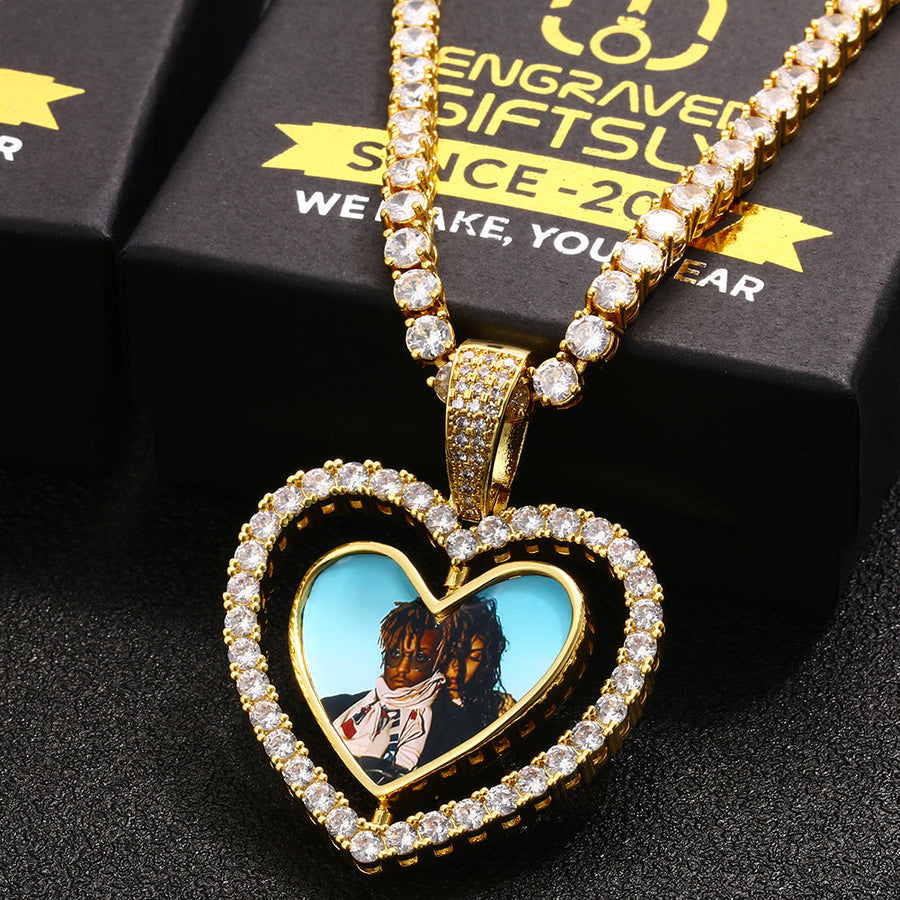 Custom Photo Heart Rotating Double-sided Medallions Necklace Christmas Gifts For Couple