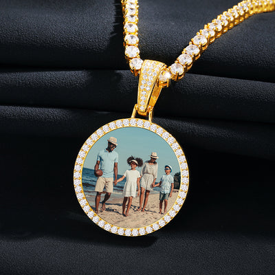 S925 Custom Photo Memory Medallions Solid Pendant Necklace With Moissanite Diamond-Golden Color