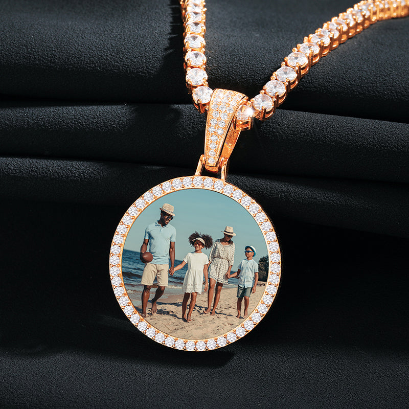 S925 Custom Photo Rose Gold Memory Medallions Solid Pendant Necklace With Moissanite Diamond- Gift For Her/Him
