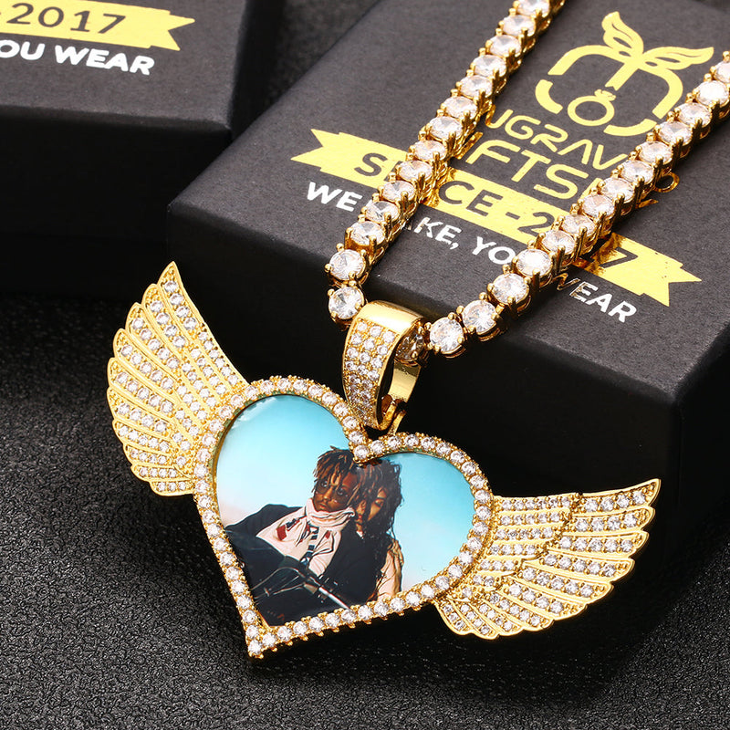 14K Gold Plated Custom Angel Wing Heart Shape Photo Medallion Necklace
