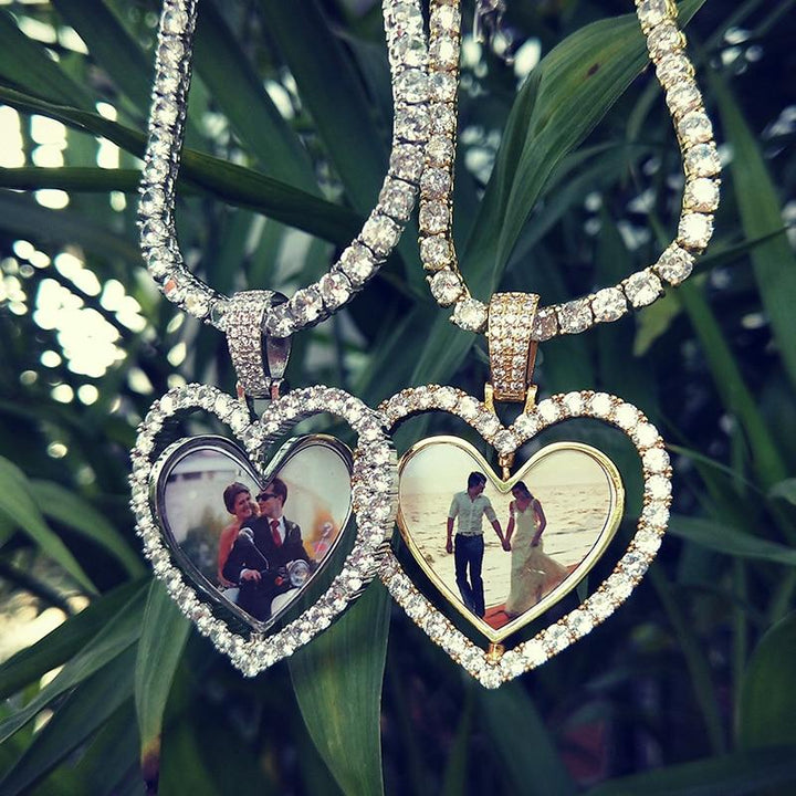 Custom Photo Heart Rotating Double-sided Medallions Necklace Christmas Gifts For Couple