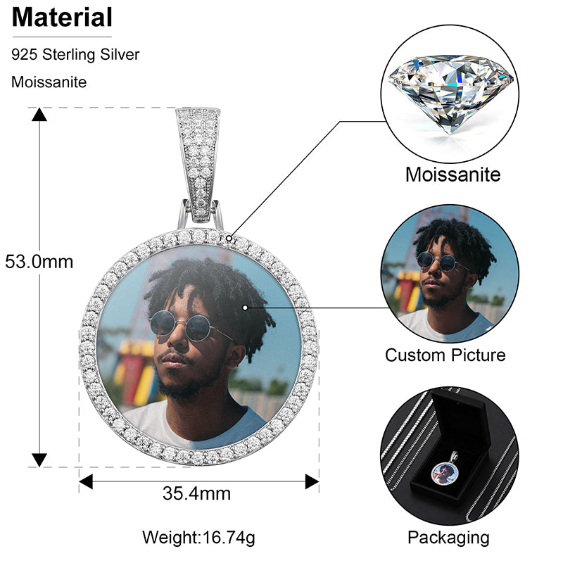 S925 Custom Photo Memory Medallions Solid Pendant Necklace With Moissanite Diamond-Golden Color