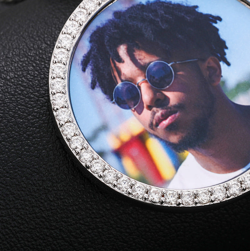 S925 Custom Photo Memory Medallions Solid Pendant Necklace With Moissanite Diamond-Golden Color