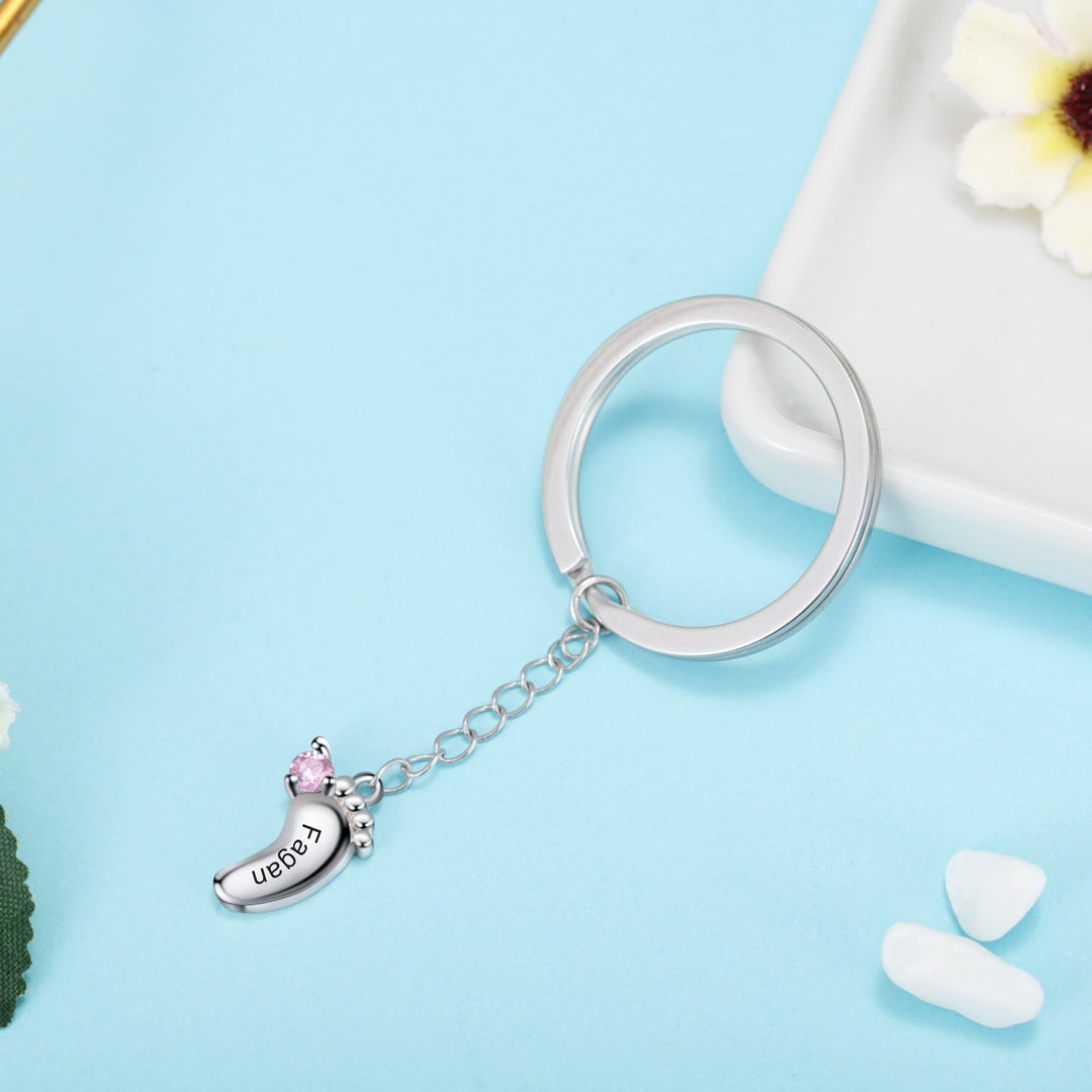 Custom Name Baby Feet Engraving Keychain with Birthstone