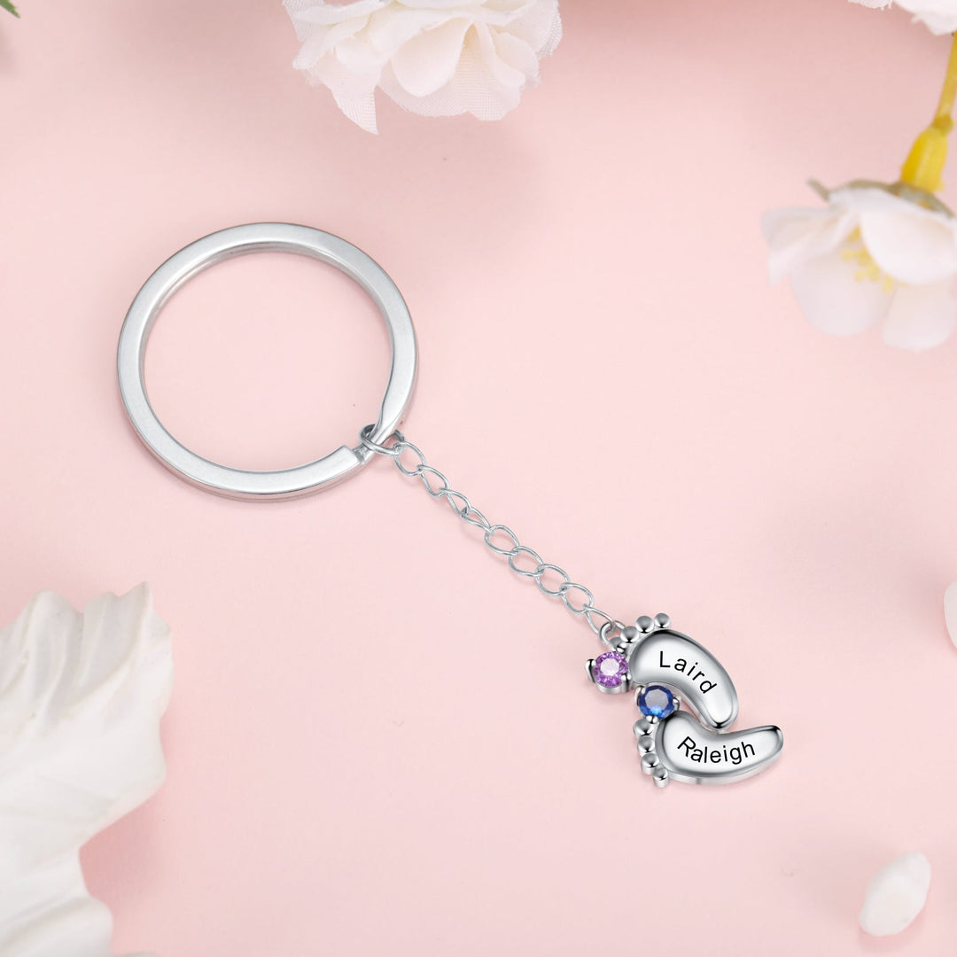 Custom Name Baby Feet Engraving Keychain with Birthstone