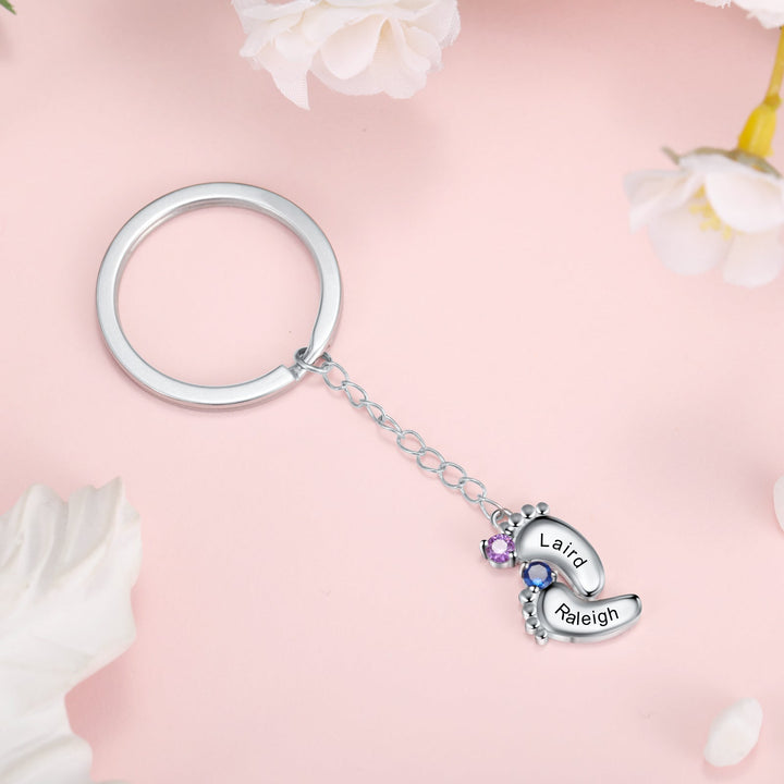 Custom Name Baby Feet Engraving Keychain with Birthstone