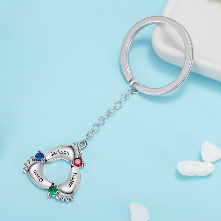 Custom Name Baby Feet Engraving Keychain with Birthstone