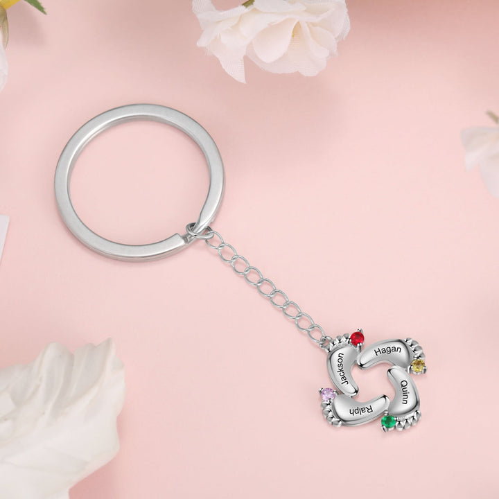 Custom Name Baby Feet Engraving Keychain with Birthstone