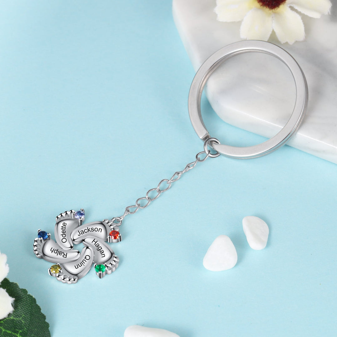 Custom Name Baby Feet Engraving Keychain with Birthstone