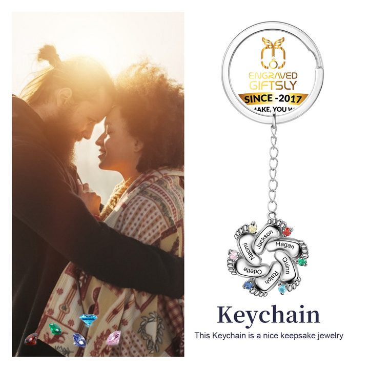 Custom Name Baby Feet Engraving Keychain with Birthstone
