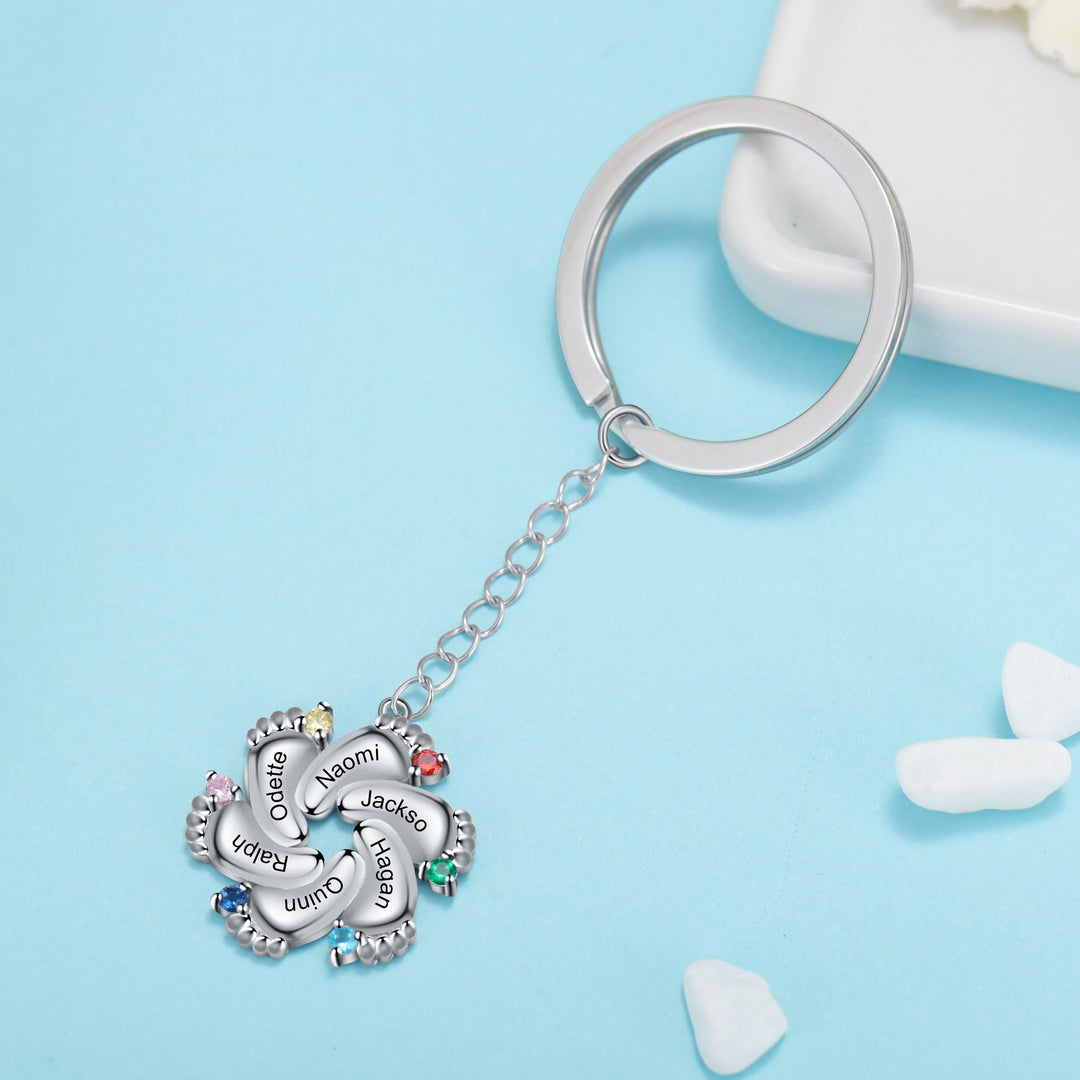Custom Name Baby Feet Engraving Keychain with Birthstone