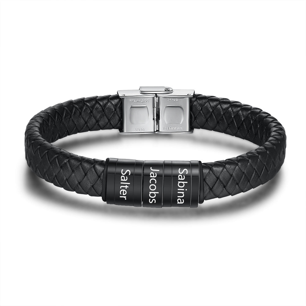 Personalized Name Beads Men Bracelet - Leather Bracelet For Father's Day Gift For Dad