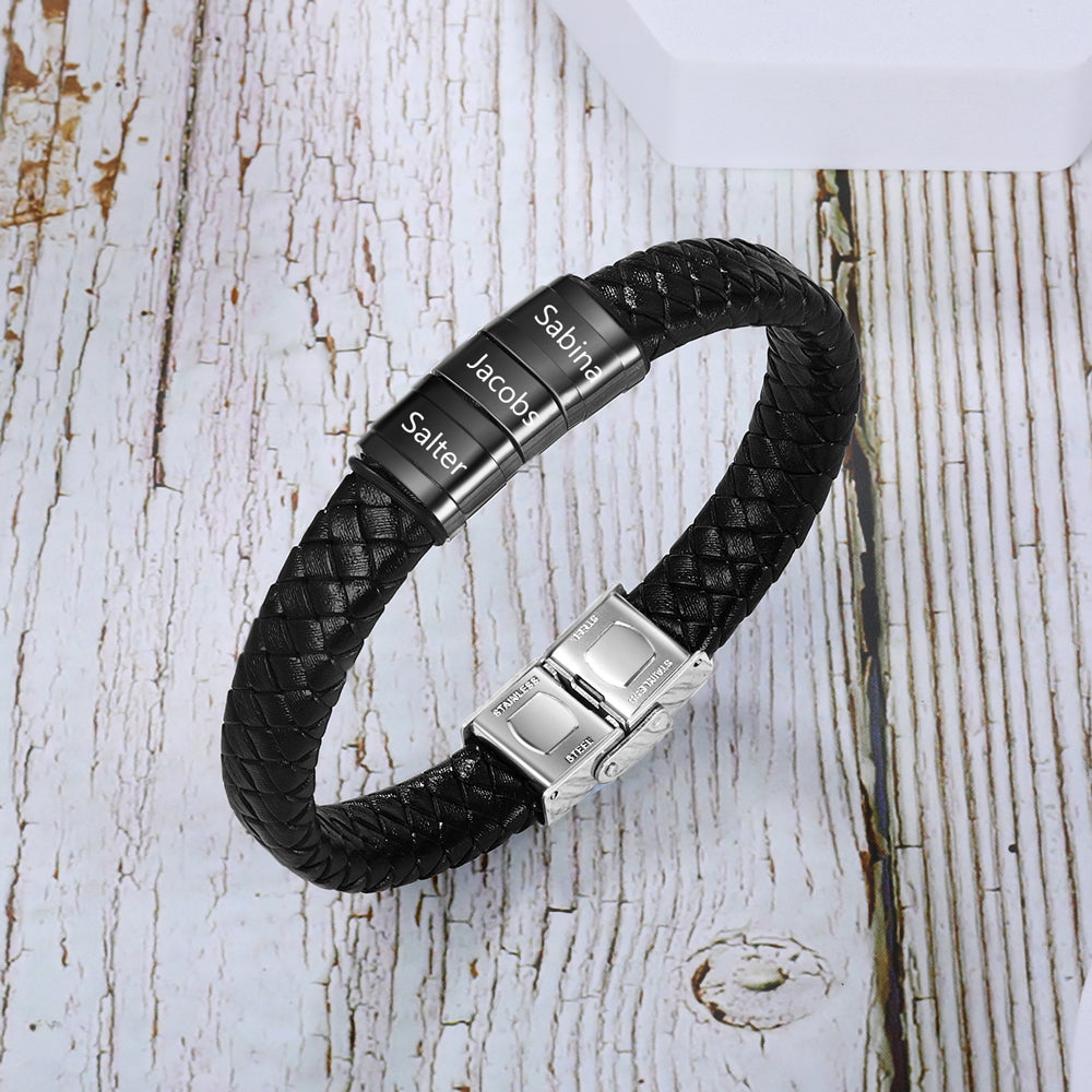 Personalized Name Beads Men Bracelet - Leather Bracelet For Father's Day Gift For Dad