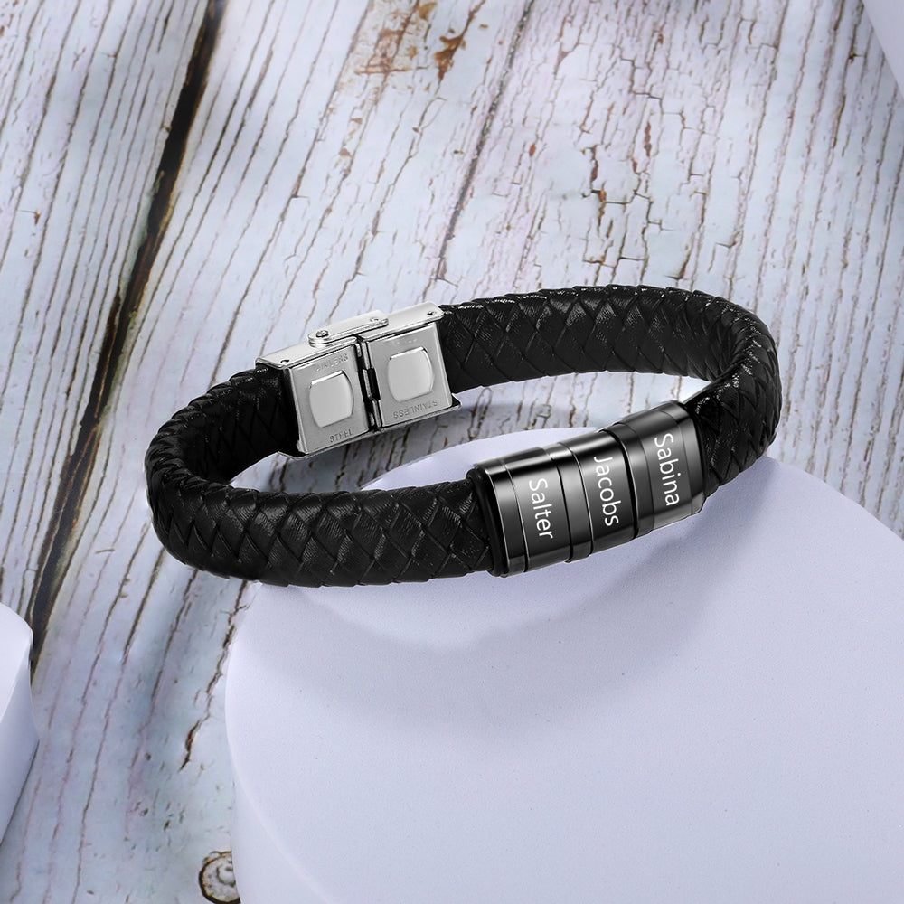 Personalized Name Beads Men Bracelet - Leather Bracelet For Father's Day Gift For Dad