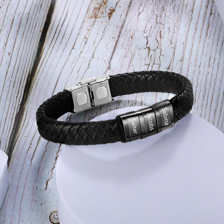 Personalized Name Beads Men Bracelet - Leather Bracelet For Father's Day Gift For Dad