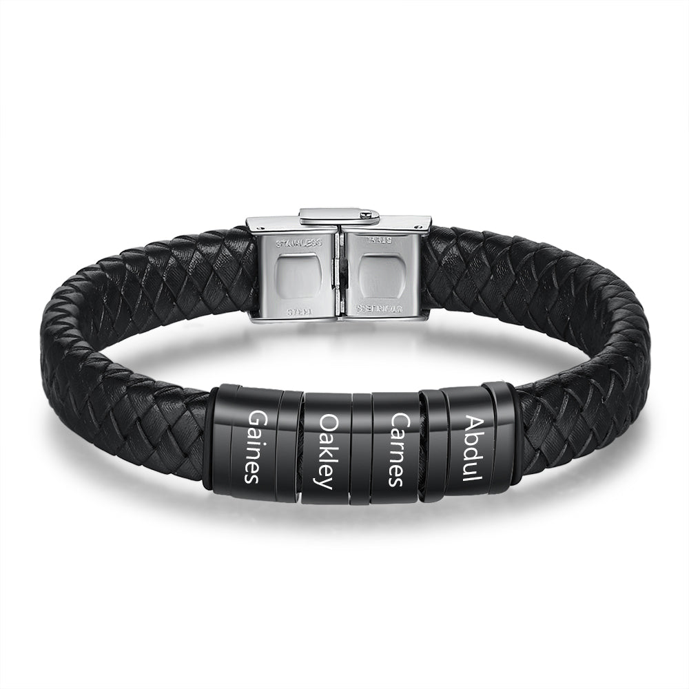 Personalized Name Beads Men Bracelet - Leather Bracelet For Father's Day Gift For Dad