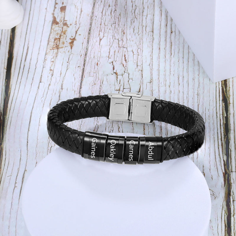 Personalized Name Beads Men Bracelet - Leather Bracelet For Father&