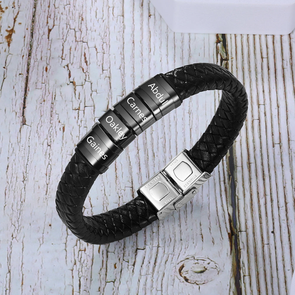 Personalized Name Beads Men Bracelet - Leather Bracelet For Father's Day Gift For Dad