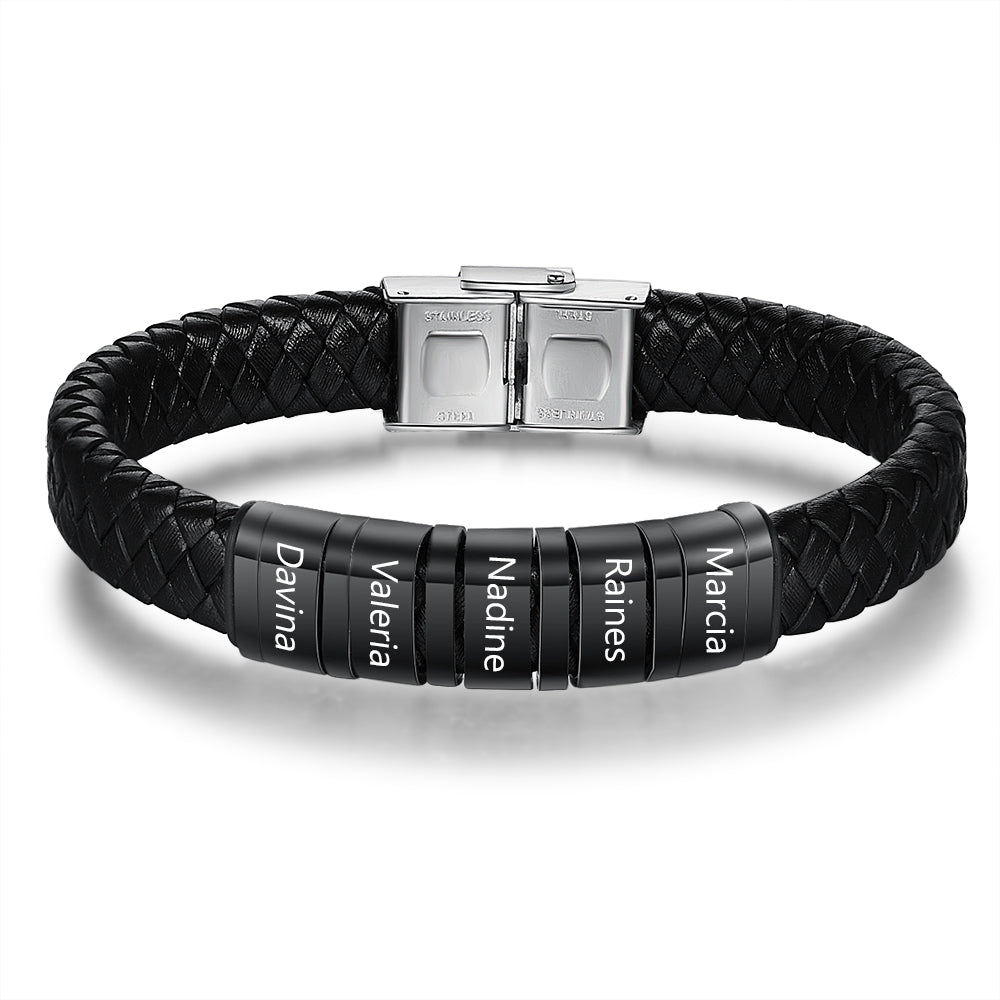 Personalized Name Beads Men Bracelet - Leather Bracelet For Father's Day Gift For Dad