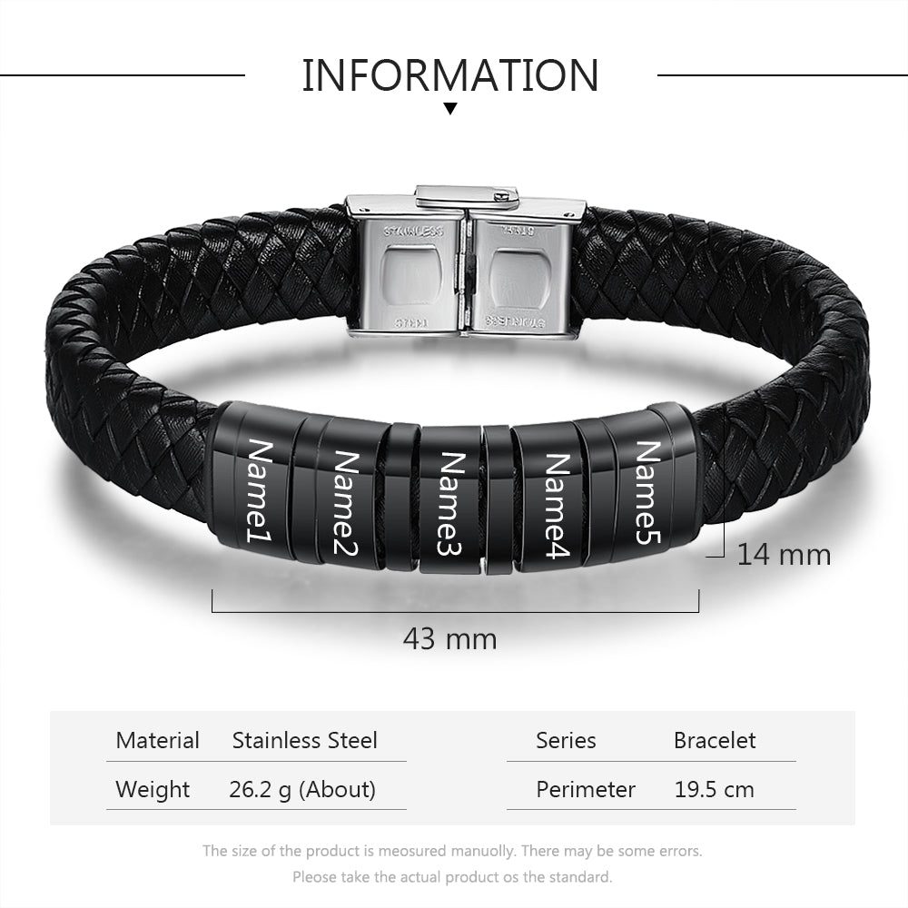 Personalized Name Beads Men Bracelet - Leather Bracelet For Father's Day Gift For Dad