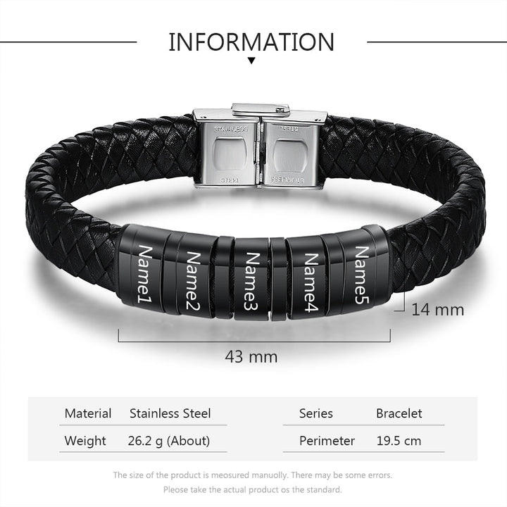Personalized Name Beads Men Bracelet - Leather Bracelet For Father's Day Gift For Dad
