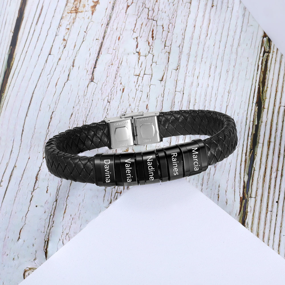 Personalized Name Beads Men Bracelet - Leather Bracelet For Father's Day Gift For Dad