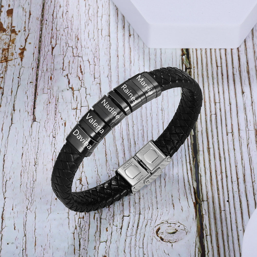 Personalized Name Beads Men Bracelet - Leather Bracelet For Father's Day Gift For Dad