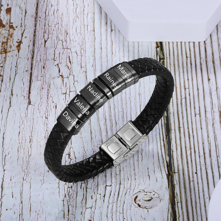 Personalized Name Beads Men Bracelet - Leather Bracelet For Father's Day Gift For Dad