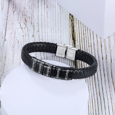 Custom Men's Leather Name Bead Bracelet