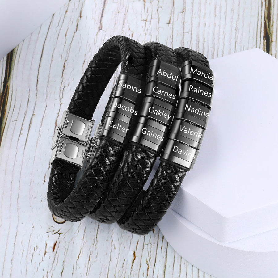 Personalized Name Beads Men Bracelet - Leather Bracelet For Father's Day Gift For Dad